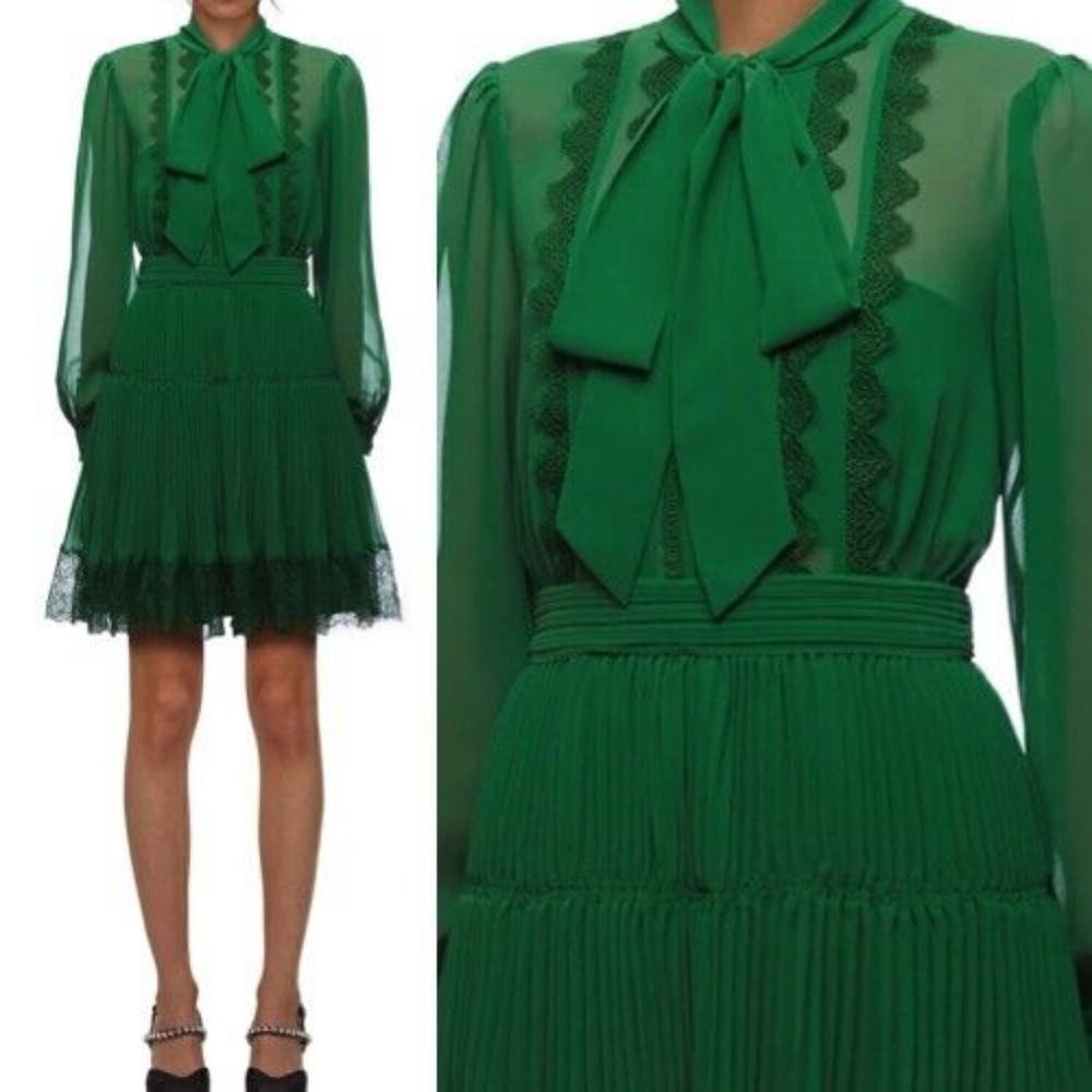 Self portrait Bow Pleated green mini dress size 6 S New
